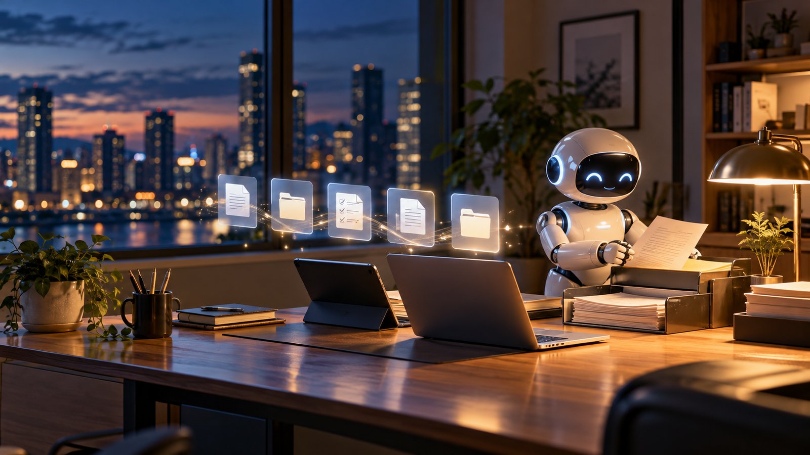 夕方のオフィスの机で、小さなロボットが書類を仕分け、机の上に仕事の印が並んで光っている様子(AIで作ったイメージ)